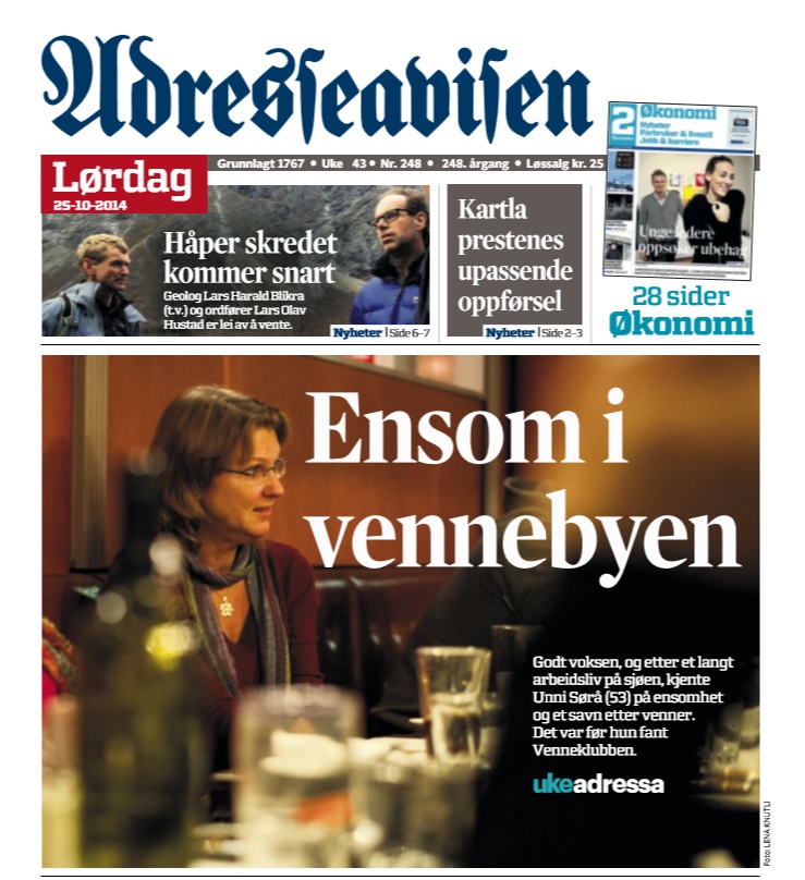 Ut og finne venner, forside Adressa